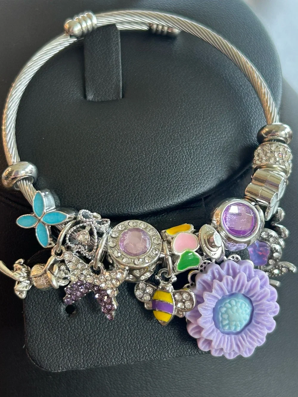 Brand New Silver Charm Bangle Bracelet with Purple Floral Accents